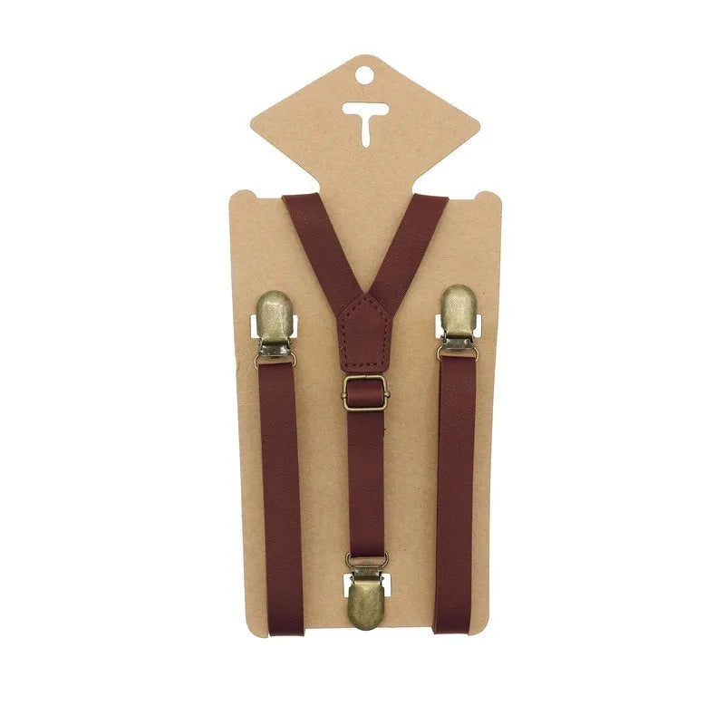 3 Clips Y Back Kid Brown Tan Leather Suspender and Bow Tie Ring Bearer Bowtie Set Birthday Outfit 80*1.5cm Adjustable