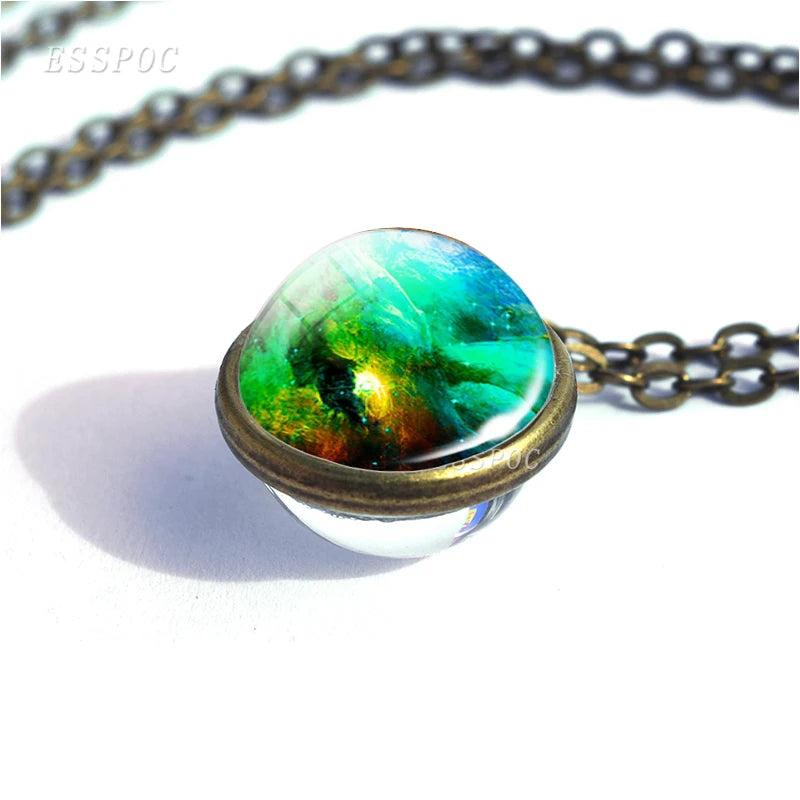 Full Moon Sphere Crystal Ball Glass Necklace Handmade Double Side Glass Ball Pendant Solar System Outer Space Astronomy Jewelry