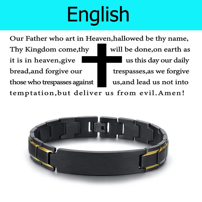 Stainless Steel Metal Bracelet Men Latin Japanese Korean Language Christian Lord's Prayer Bracelets