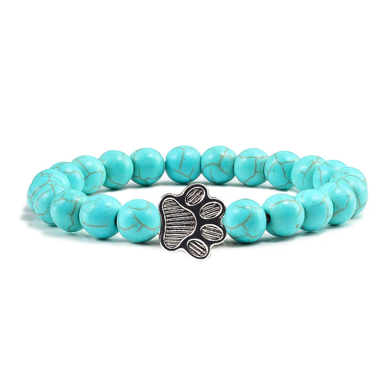 Natural Matte Black Lava Volcanic Stone Paw Print Charm Bracelet Homme Femme Pet Memorial Cat Dog Lovers Jewelry Bracelets