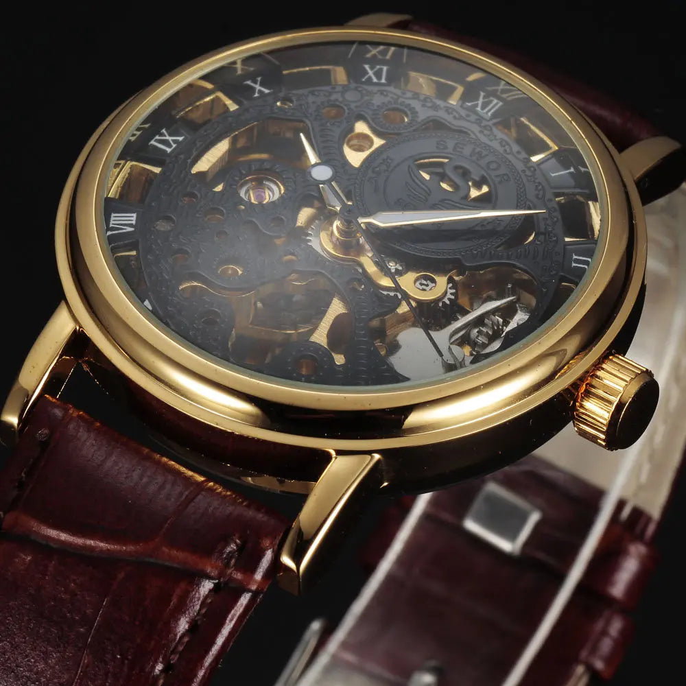 Casual New Fashion SEWOR Brand Skeleton Men Male Military Army Clock Classic Luxury Gold Mechanical Hand Wind Wrist Watch