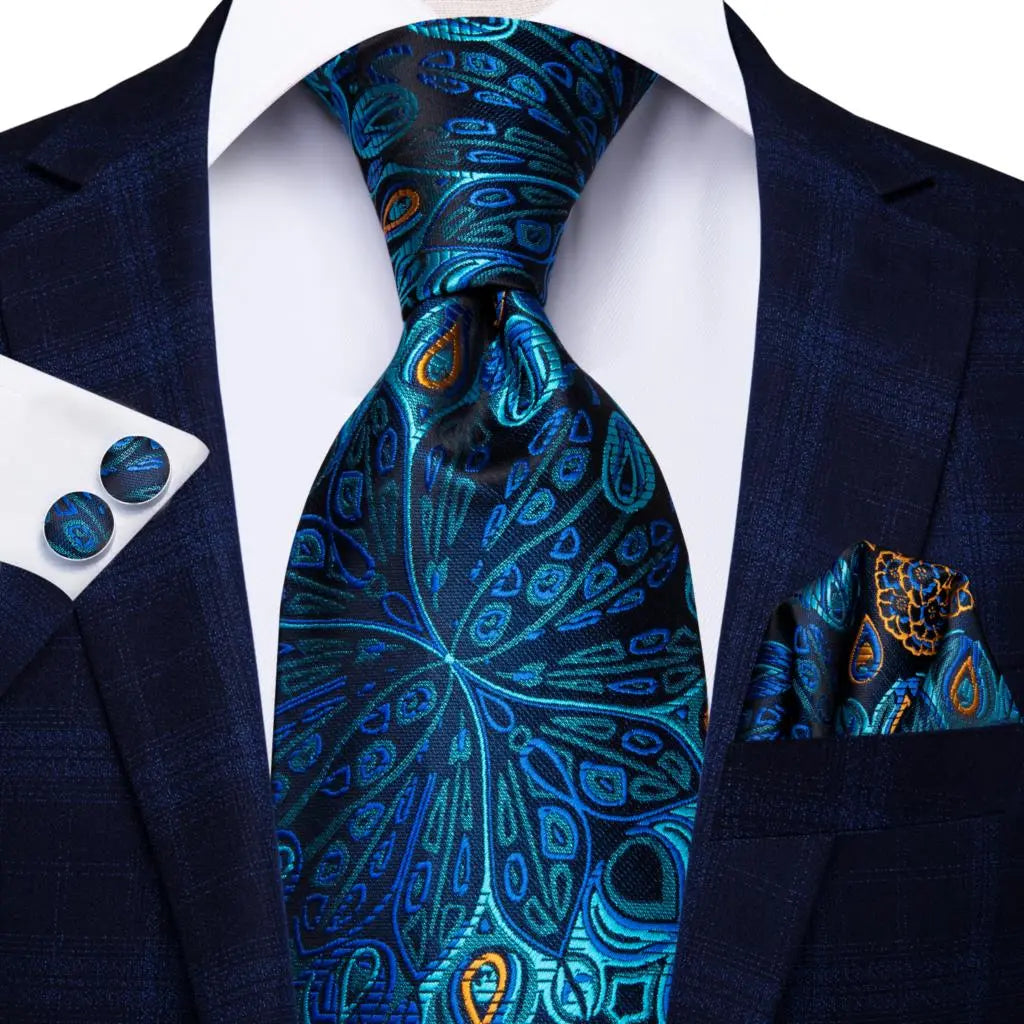 Business Tie for Men Silk Blue Tie Dots Necktie Set Plaid Cufflinks for Wedding Business Tie 150cm Hi-Tie SN-3529