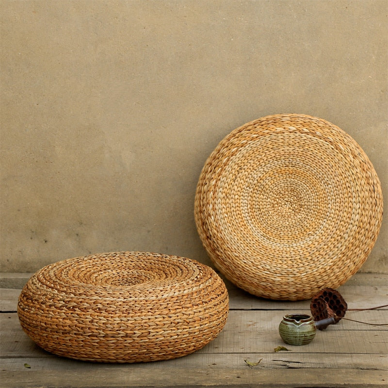 Handcrafted Eco-Friendly Breathable Padded Knitted Straw Seat Cushion Banana Bark Pouf Ottoman Floor Seating Tatami Furniture