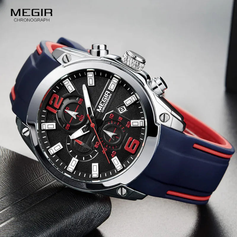 Megir Men's Chronograph Analog Quartz Watch With Date, Luminous Hands, Waterproof Silicone Rubber Strap Wristswatch for Man