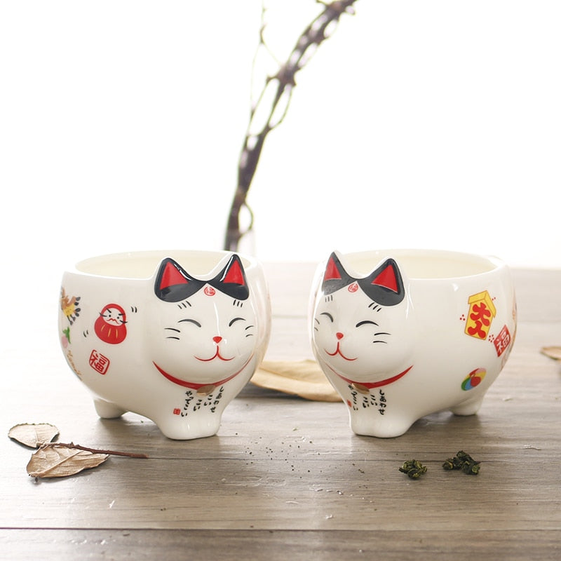 Cute Japanese Lucky Cat Porcelain Tea Set Creative Maneki Neko Ceramic Tea Cup Pot With Strainer Lovely Plutus Cat Teapot Mug