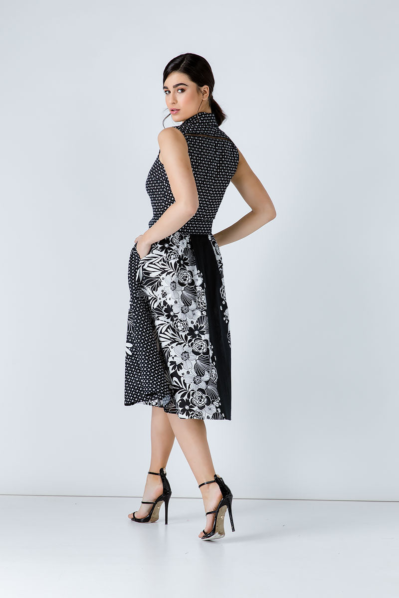 Button Detail Black Print Dress
