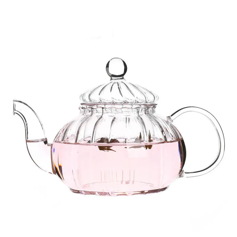 Heat Resistant Glass Pot 600ml Striped Pumpkin Shape Flower Teapot Glass Teapot