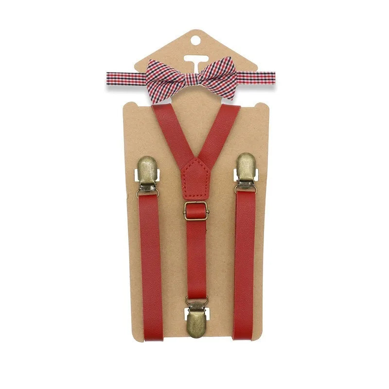 3 Clips Y Back Kid Brown Tan Leather Suspender and Bow Tie Ring Bearer Bowtie Set Birthday Outfit 80*1.5cm Adjustable