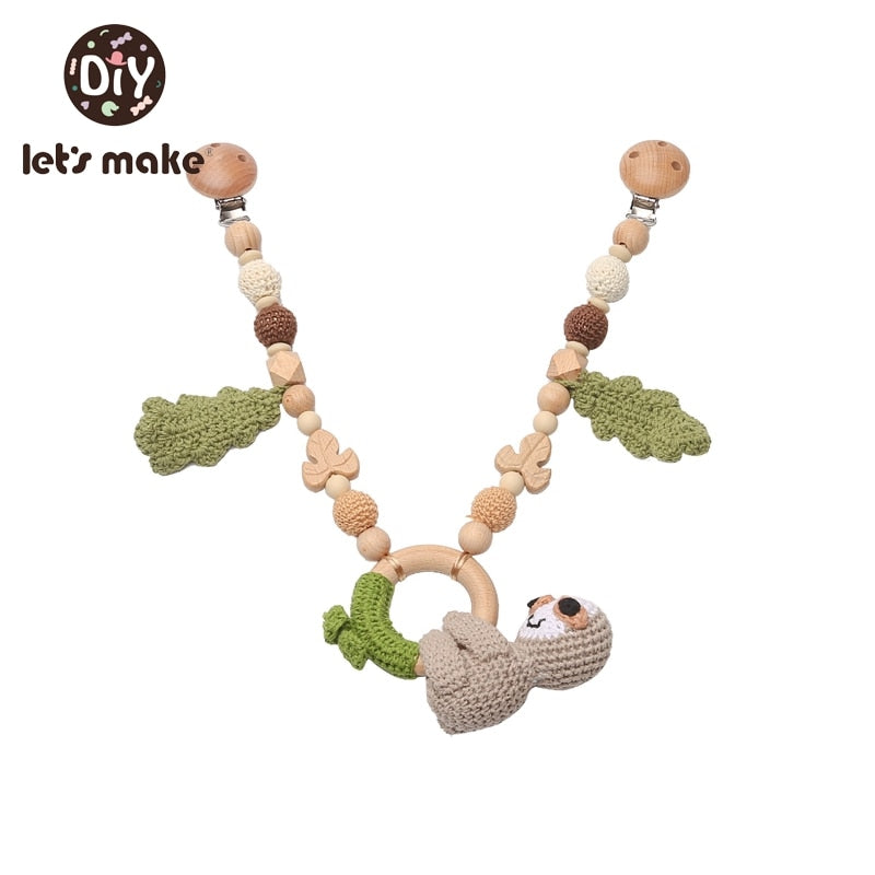 Let's Make Wood Teether Baby Bed Hanging Rattles Toy Make Noise Bird Elephant Shape Crochet Beads Bracelet Pram Clip Baby Rattle