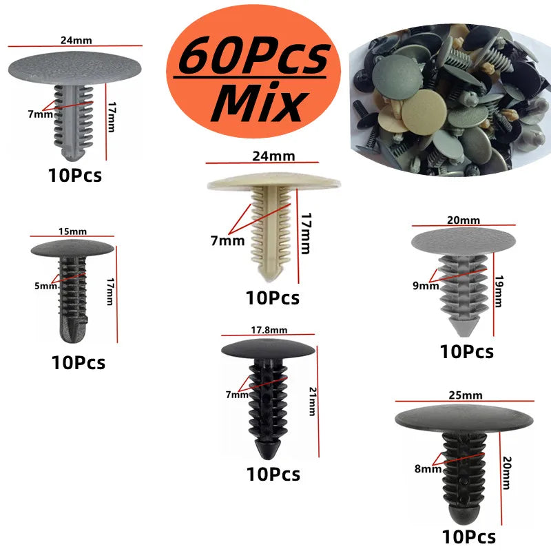 60Pcs 5mm 6mm 7mm 8mm 9mm 10mm Hole Car Bumper Rivet Fastener Auto Fender Trim Panel Screw Clips for Honda Nissan Toyota Hyundai
