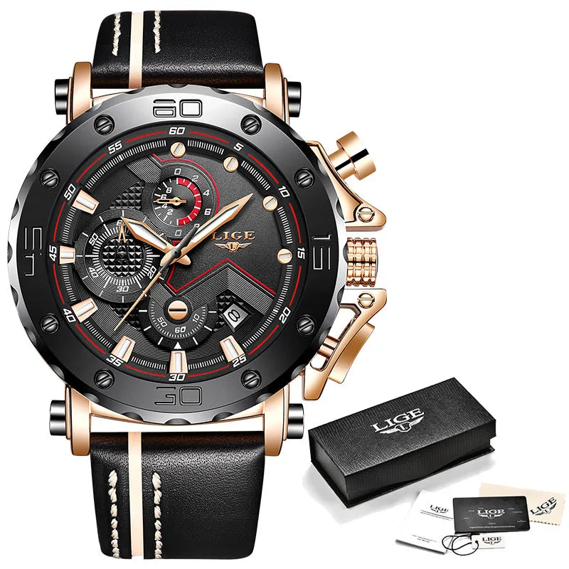 2023LIGE New Fashion Mens Watches Top Brand Luxury Big Dial Military Quartz Watch Leather Waterproof Sport Chronograph Watch Men
