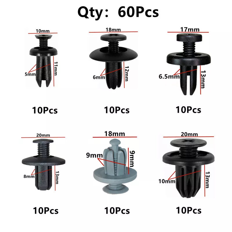 60Pcs 5mm 6mm 7mm 8mm 9mm 10mm Hole Car Bumper Rivet Fastener Auto Fender Trim Panel Screw Clips for Honda Nissan Toyota Hyundai
