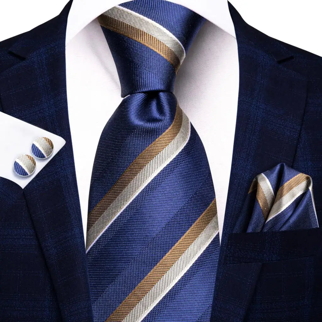 Business Tie for Men Silk Blue Tie Dots Necktie Set Plaid Cufflinks for Wedding Business Tie 150cm Hi-Tie SN-3529