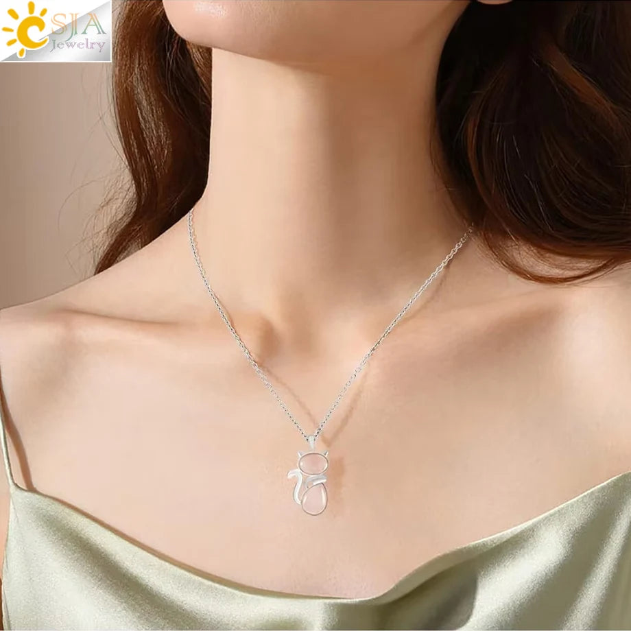 CSJA Reiki Natural Stone Necklaces Pink Quartz Pendants for Women Girl Cute Cat Shape Rock Black Onyx Beads Chain Jewelry F066