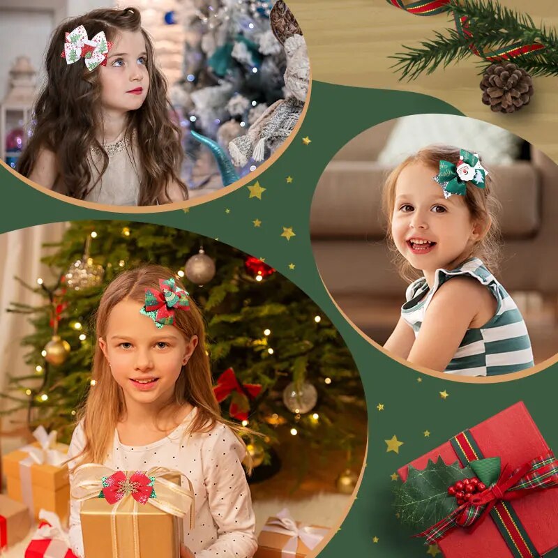 Christmas Hair Bows Clips Sparkly Santa Claus Xmas Socks Hairpins Headwear Christmas Tree Printing Ribbon Hair Clip for Girls
