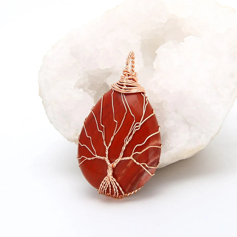 Natural Purple Quartz Opal Stone Pendants Handmade Rose Gold Color Tree of Life Wrapped Drop Shaped Crystal Pendant Necklace
