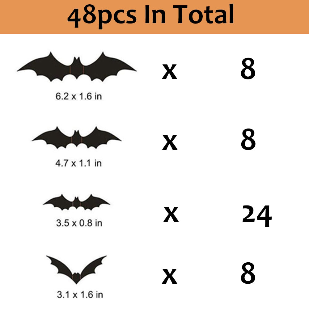24/48pcs Halloween Decoration 3D Black PVC Bat Halloween Party DIY Decor Bar Room Halloween Party Scary Decos Props Wall Sticker