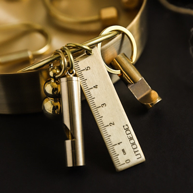 Creative Brass Keychain Portable Key Ring Bottle Opener Whistle Ruler Sealed Box Unique Organizer Tools Keychain Accessories