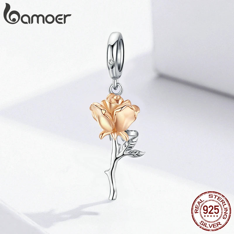 Bamoer 3D Rose Flower Pendant Charm 925 Sterling Silver Rose Gold Color Charms for Bracelet or Necklace DIY Sunflower Charms