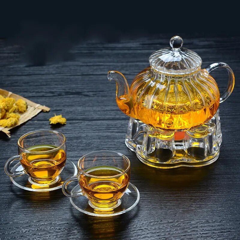 Heat Resistant Glass Pot 600ml Striped Pumpkin Shape Flower Teapot Glass Teapot