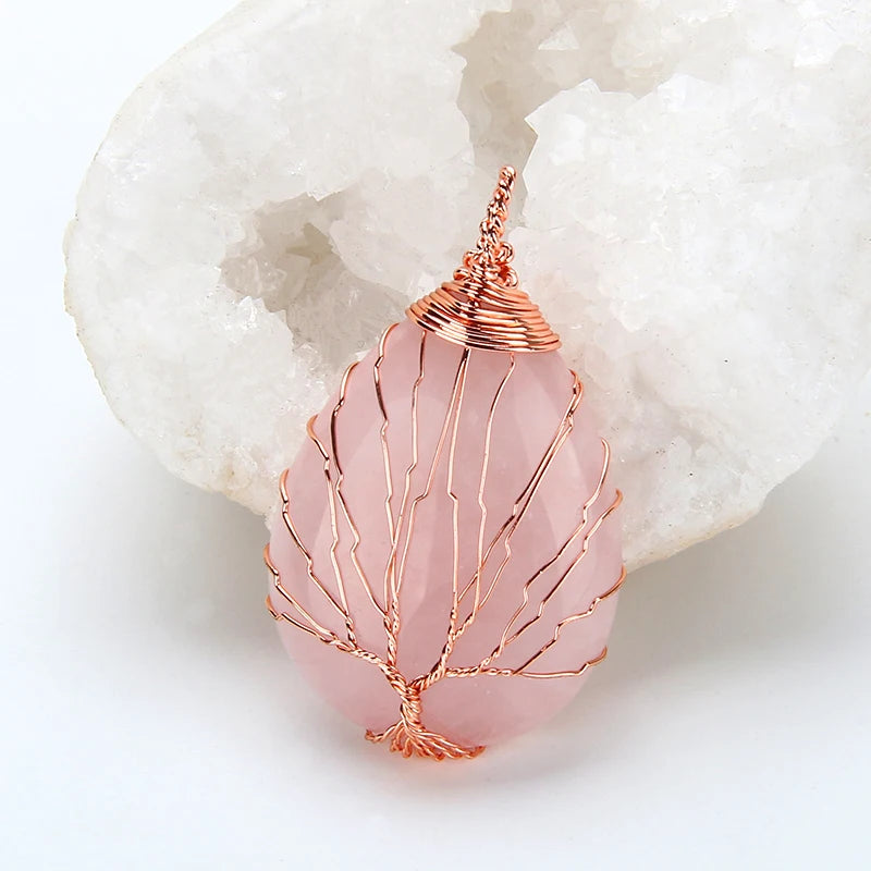 Natural Purple Quartz Opal Stone Pendants Handmade Rose Gold Color Tree of Life Wrapped Drop Shaped Crystal Pendant Necklace