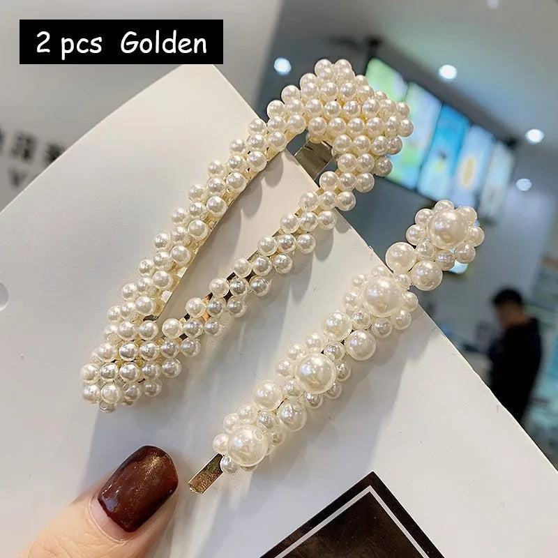 Korean Simulated Pearl Barrettes Beaded Geometric Women Hair Clip Hairgrips Hair Accessories Girls Jewelry Hair Pins