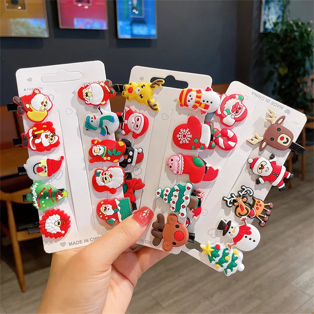 10pcs Cute Christmas Hair Clips Set Classic Xmas Tree Santa Claus Reindeer Pattern Alligator Pins for Baby Girls Bangs Barrettes