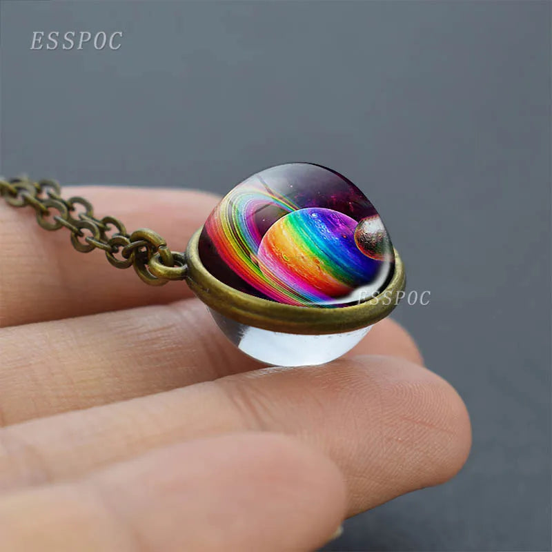 Full Moon Sphere Crystal Ball Glass Necklace Handmade Double Side Glass Ball Pendant Solar System Outer Space Astronomy Jewelry