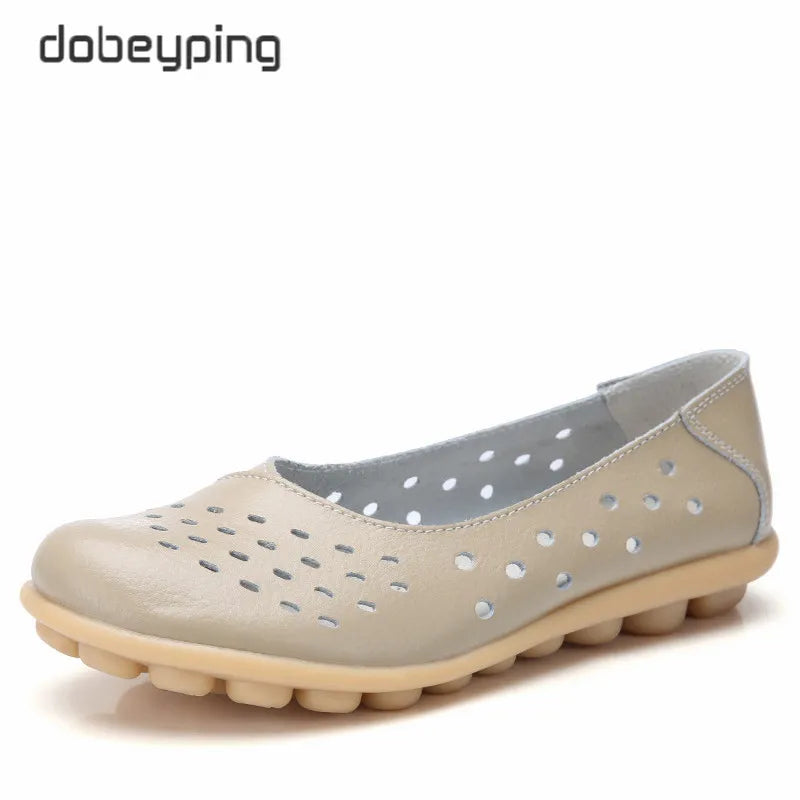 Dobeyping Leather Women Flats New Cut-Outs Summer Shoes Woman Hollow Women's Loafers Female Solid Shoe Large Size 35-44