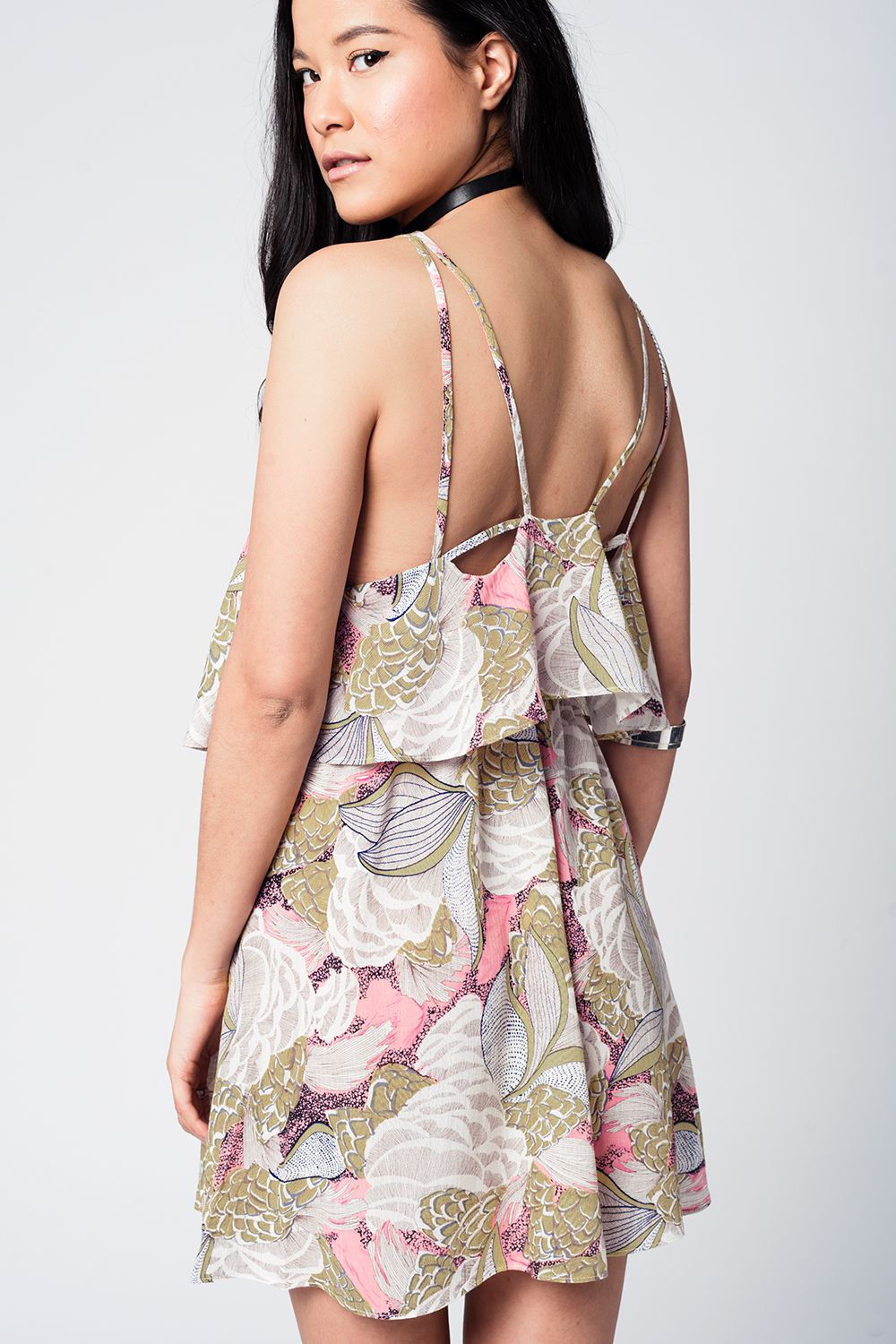Yellow Printed Mini Dress With Double Layer and Crossed Straps