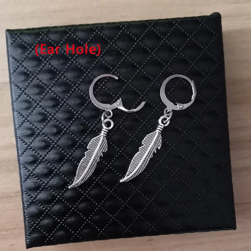 Men Punk Earrings Feather Tassel Long Chain Pendant Stainless Steel Stud Earring Trend Rock Hipster Ear Clip