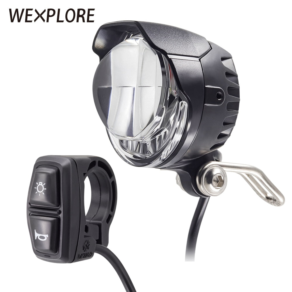 Ebike Light Electric Bicycle Light Built-In Speaker Input 12V 24V 36V 48V 56V LED Lamp 85Lux Electric Scooter Headlights Parts