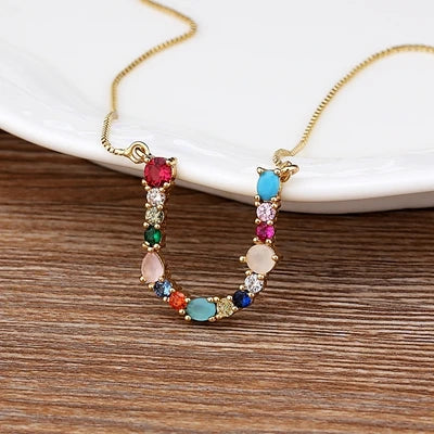 New Arrival Personal Name Letter Necklace Rainbow CZ Initials Alphabet Women Girls Gorgeous Family Jewelry