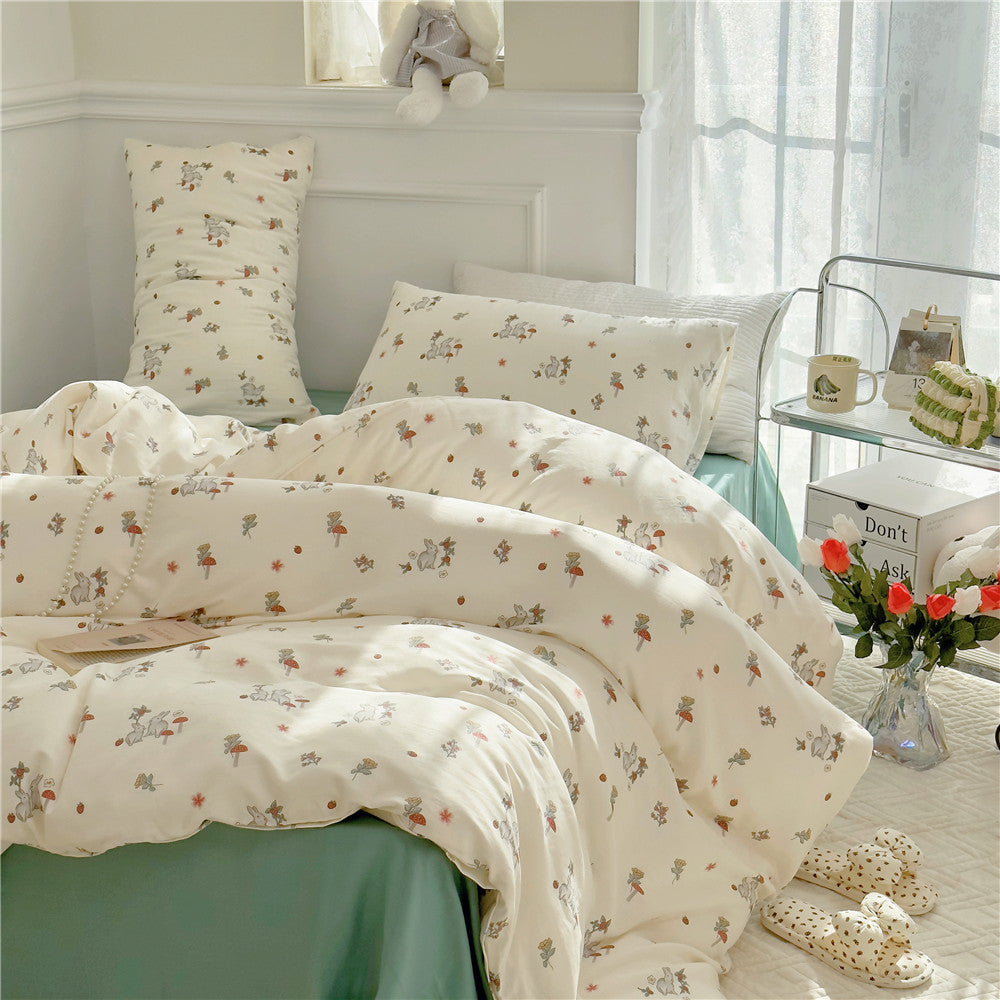 Double Layer Cotton Bedding Set Infant Class Softness Floral Design Duvet Cover Bed Sheet Pillowcases 4 Pieces Bedding Set