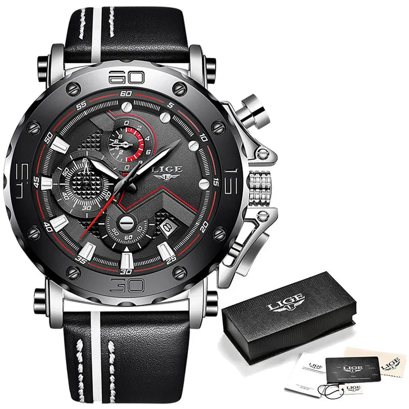 2023LIGE New Fashion Mens Watches Top Brand Luxury Big Dial Military Quartz Watch Leather Waterproof Sport Chronograph Watch Men