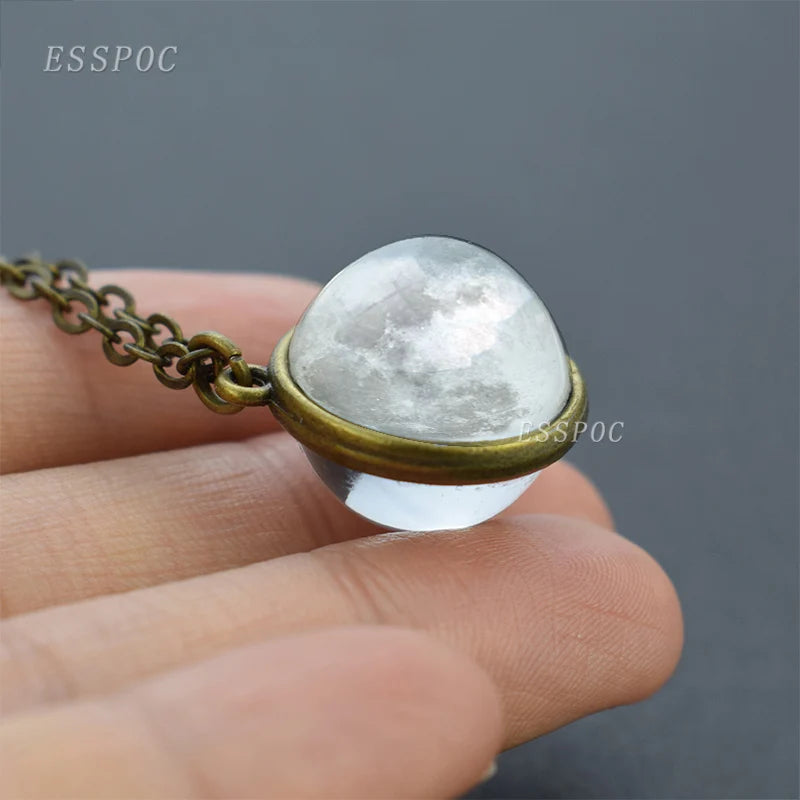 Full Moon Sphere Crystal Ball Glass Necklace Handmade Double Side Glass Ball Pendant Solar System Outer Space Astronomy Jewelry