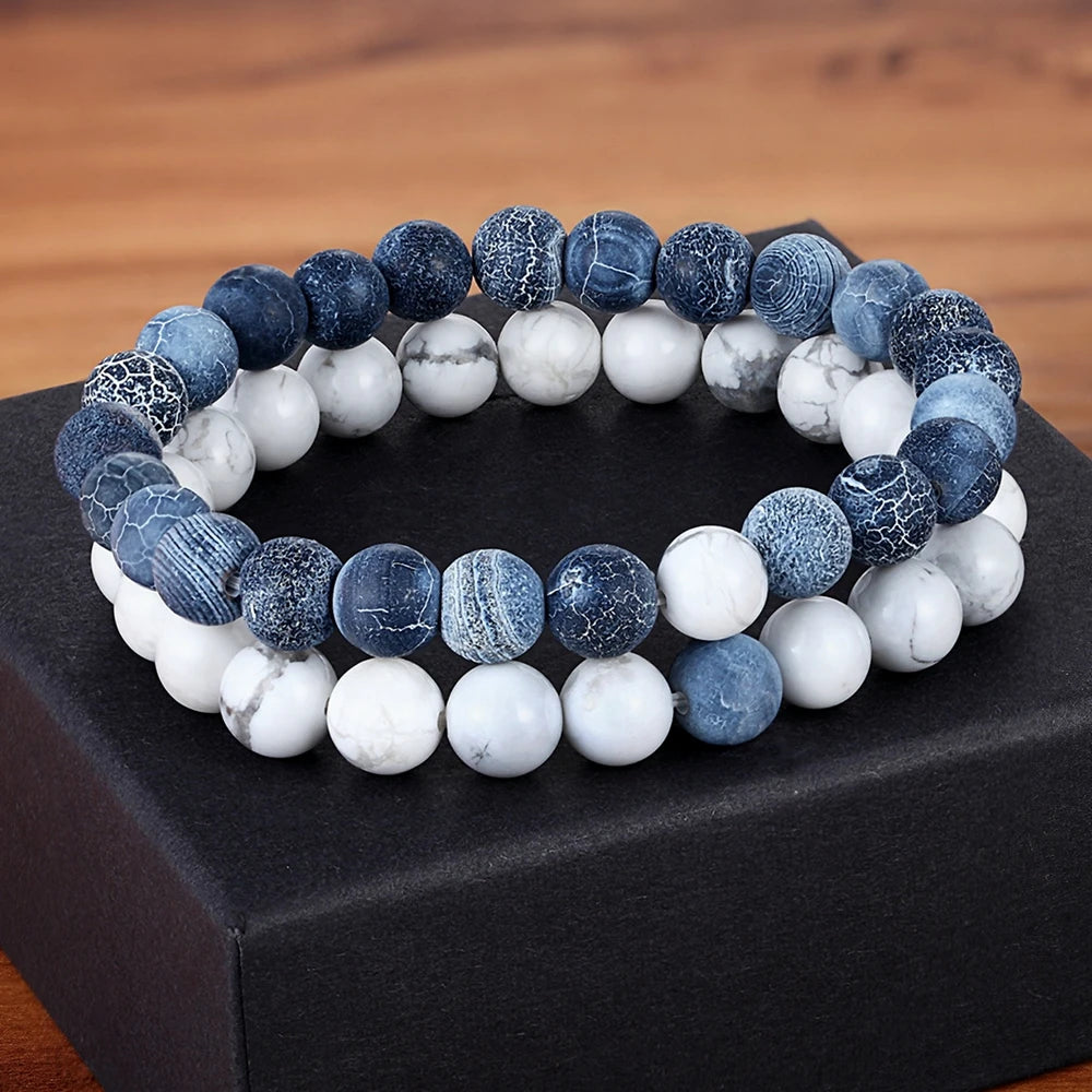 XQNI 2pcs/Set Style Couples Distance Bracelet Natural Stone Yoga Beaded Bracelet for Men Women Friend Charm Strand Jewelry