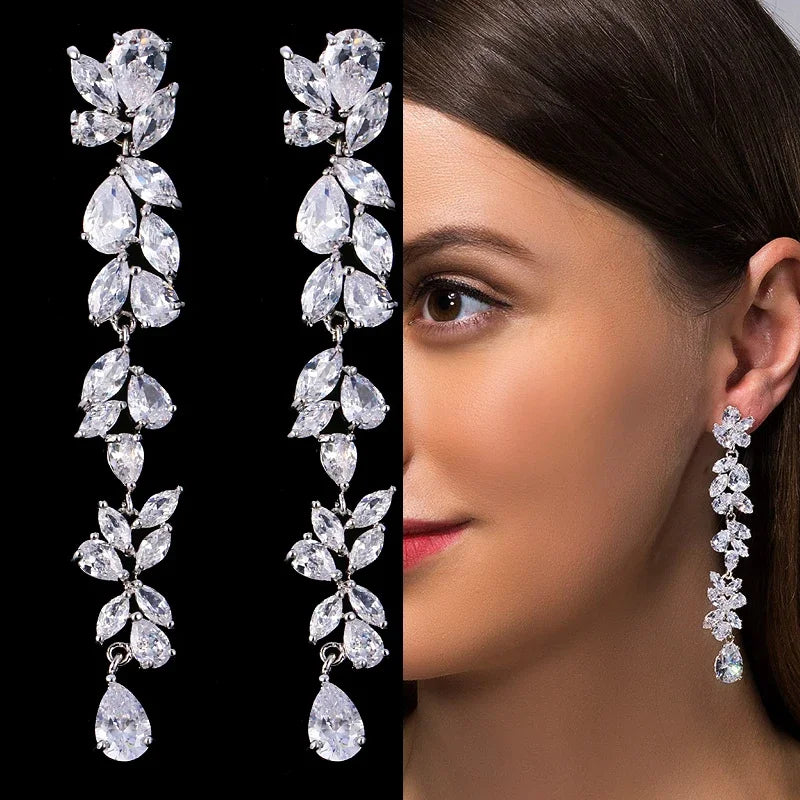LXOEN Marquise Cut Flower Zirconia Crystal Long Drop Earrings for Women Shiny Leaf CZ Stone Bridal Wedding Jewelry