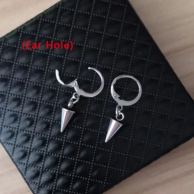 Men Punk Earrings Feather Tassel Long Chain Pendant Stainless Steel Stud Earring Trend Rock Hipster Ear Clip