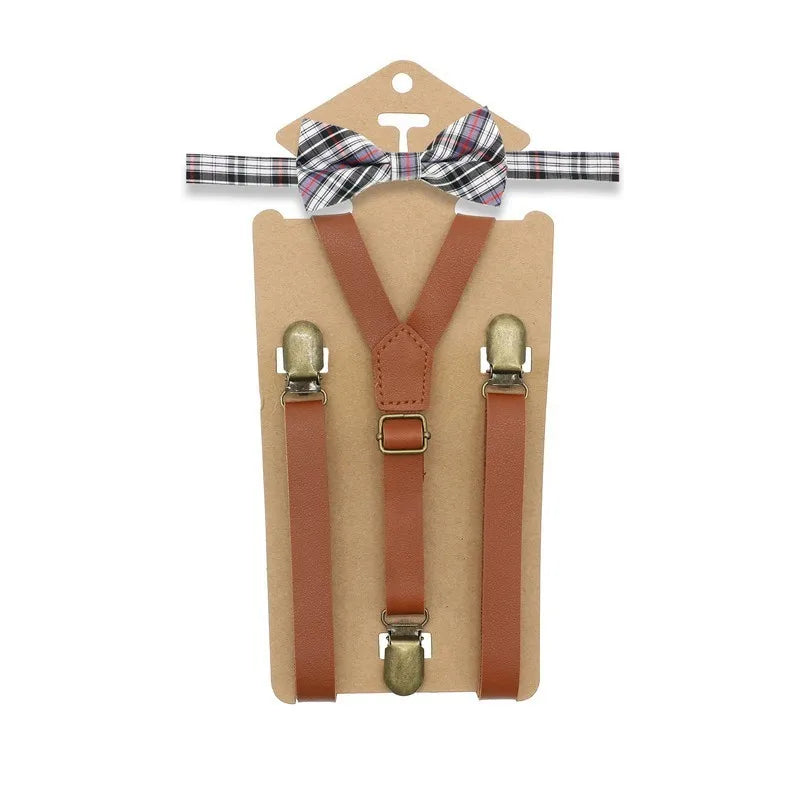 3 Clips Y Back Kid Brown Tan Leather Suspender and Bow Tie Ring Bearer Bowtie Set Birthday Outfit 80*1.5cm Adjustable