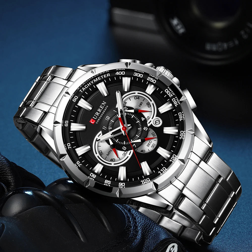 CURREN New Casual Sport Chronograph Men's Watches Stainless Steel Band Wristwatch Big Dial Quartz Clock With Luminous Pointers