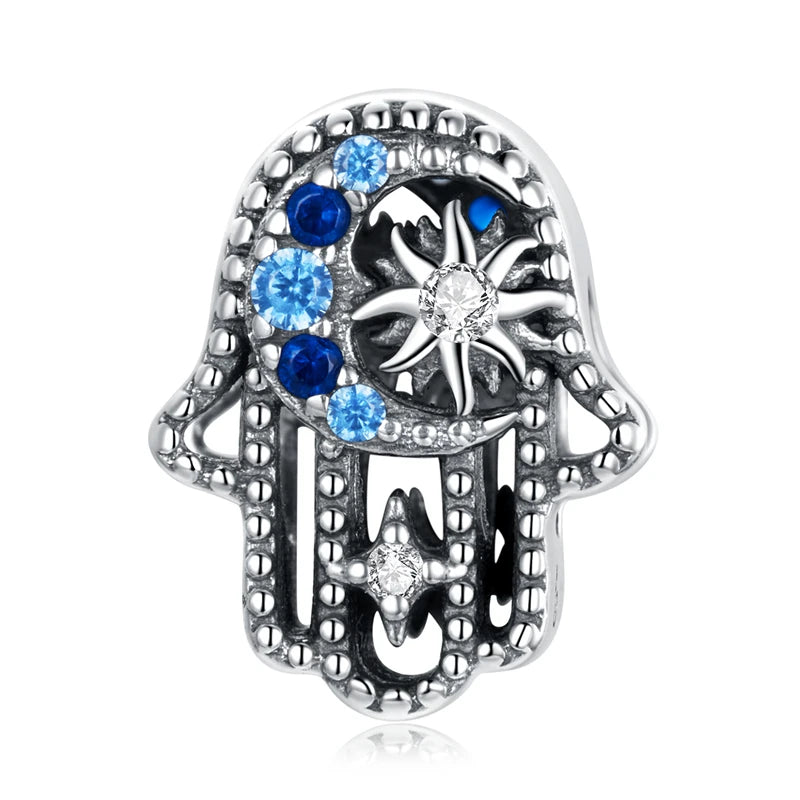 BISAER 925 Sterling Silver Vintage Blue Demon Eye Charm Bead Hand of Fatima Pendant Fit Woman Original Bracelet Fine DIY Jewelry