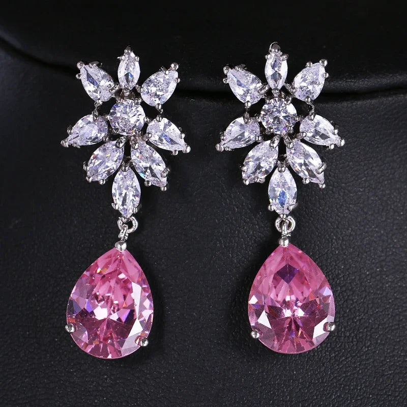 LXOEN Marquise Cut Flower Zirconia Crystal Long Drop Earrings for Women Shiny Leaf CZ Stone Bridal Wedding Jewelry