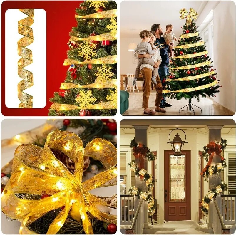 Christmas Decoration LED Ribbon Fairy Lights Christmas Tree Ornaments for Home 2023 DIY Bows Light String Navidad New Year 2024