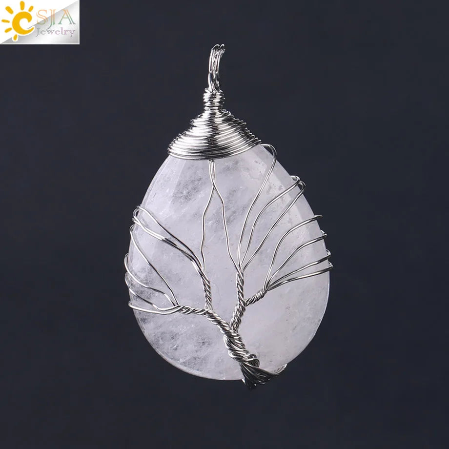 CSJA Natural Stone Pink Quartz Necklace & Pendant Silver-Color Tree of Life Wire Wrapped Water Drop Shape for Women Jewelry F122