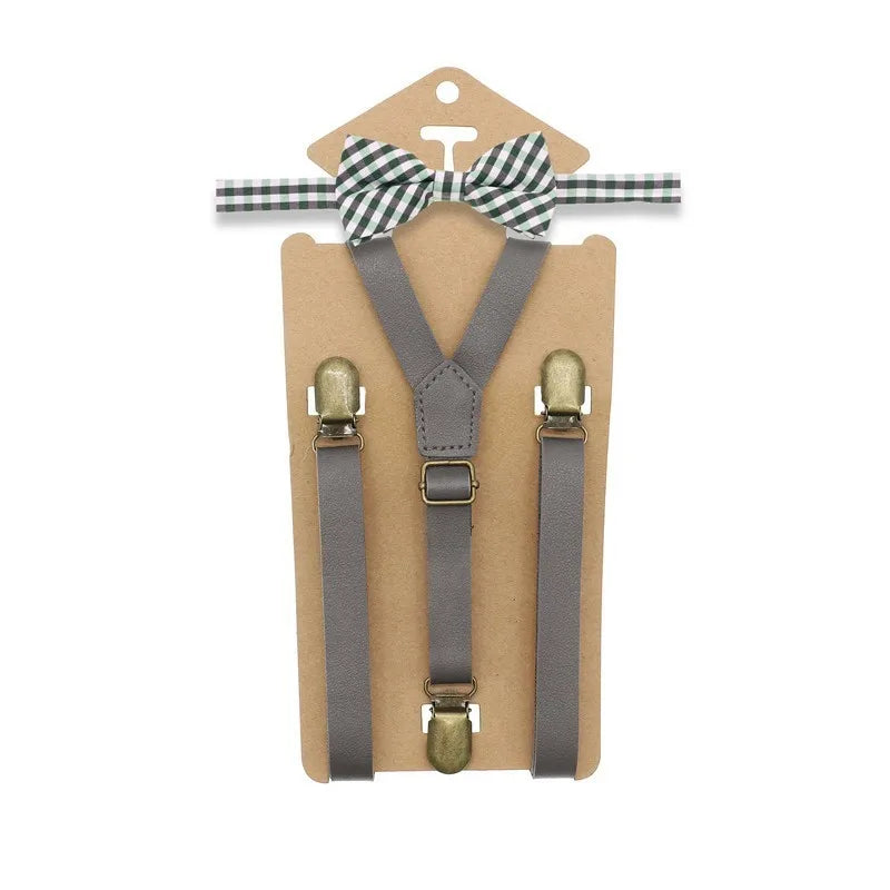 3 Clips Y Back Kid Brown Tan Leather Suspender and Bow Tie Ring Bearer Bowtie Set Birthday Outfit 80*1.5cm Adjustable