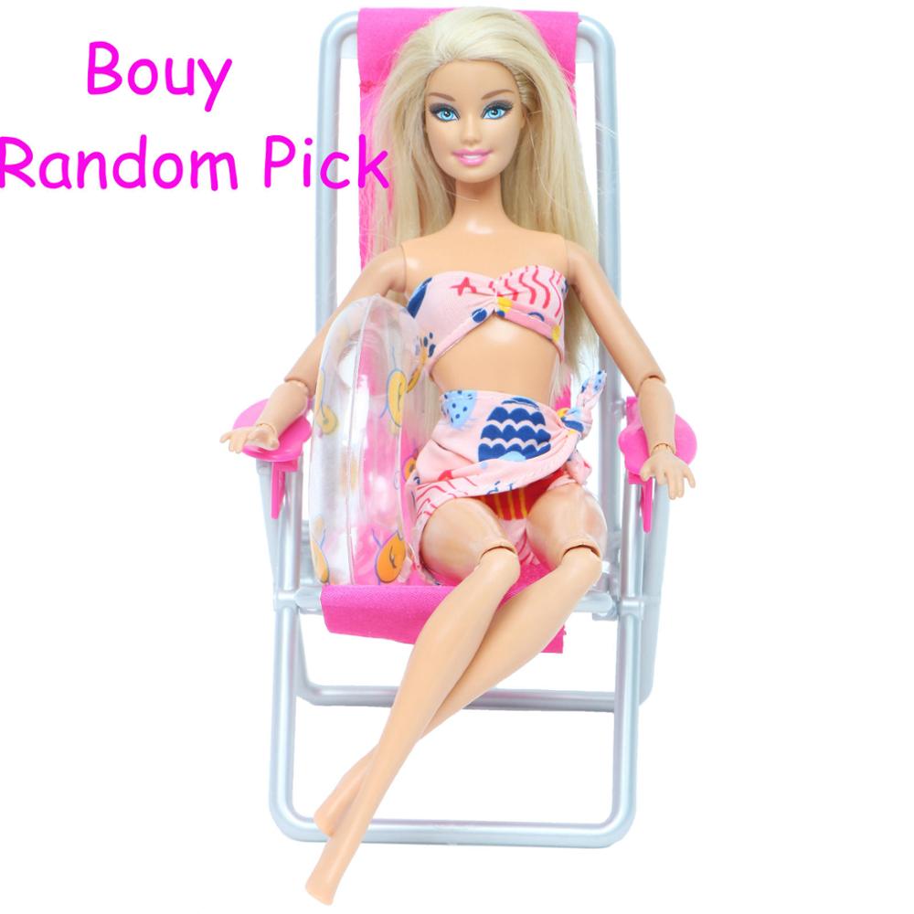 3 Pcs/Lot = 1x Swimsuit Bikini + 1x Random Swimming Buoy Lifebelt Ring +1x Pink Foldable Beach Chair Accessories for Barbie Doll