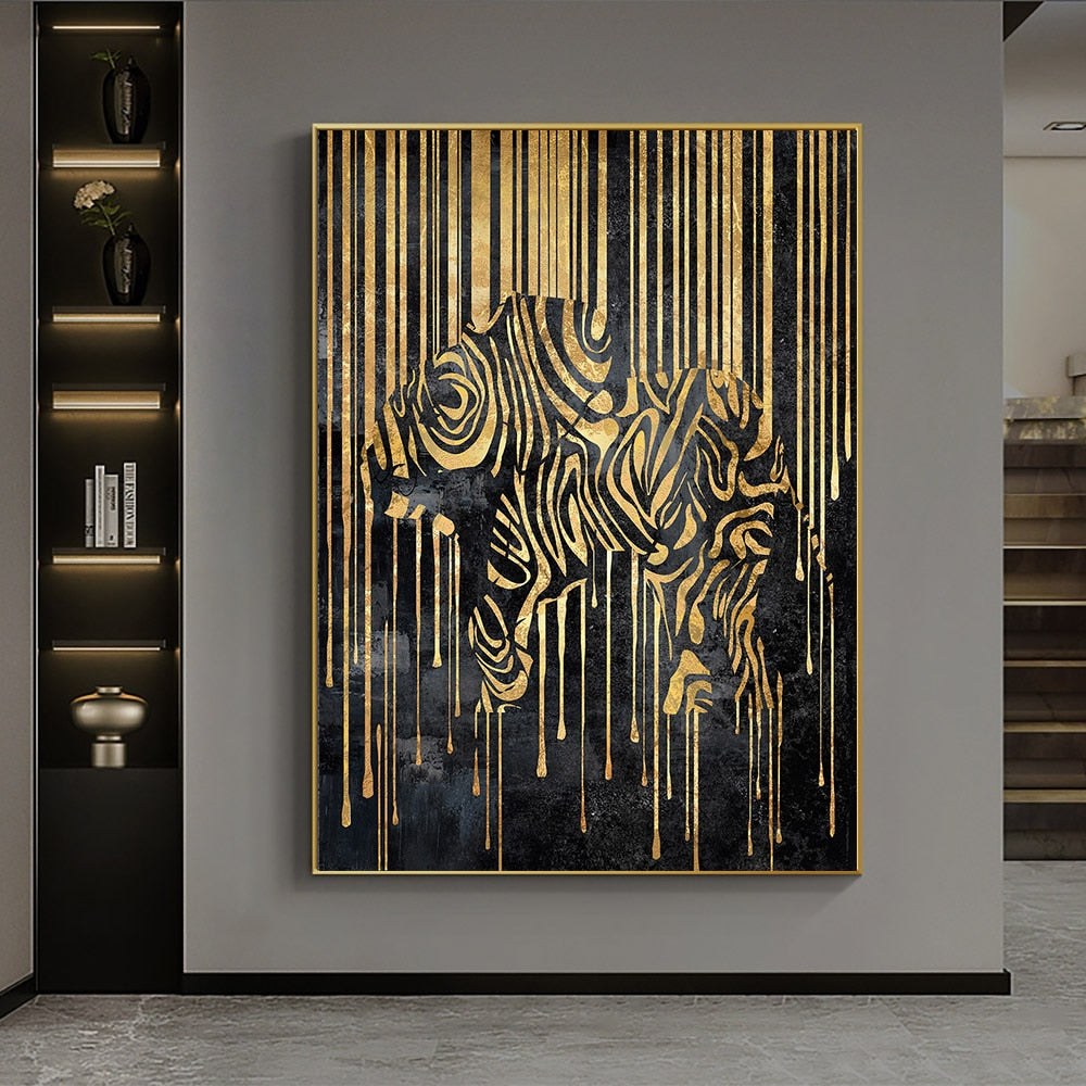 Abstract Gold Line Zebra Canvas Painting Plant Tiger Giraffe Leopard Poster Wall Pictures for Living Room Interior Home Decor
