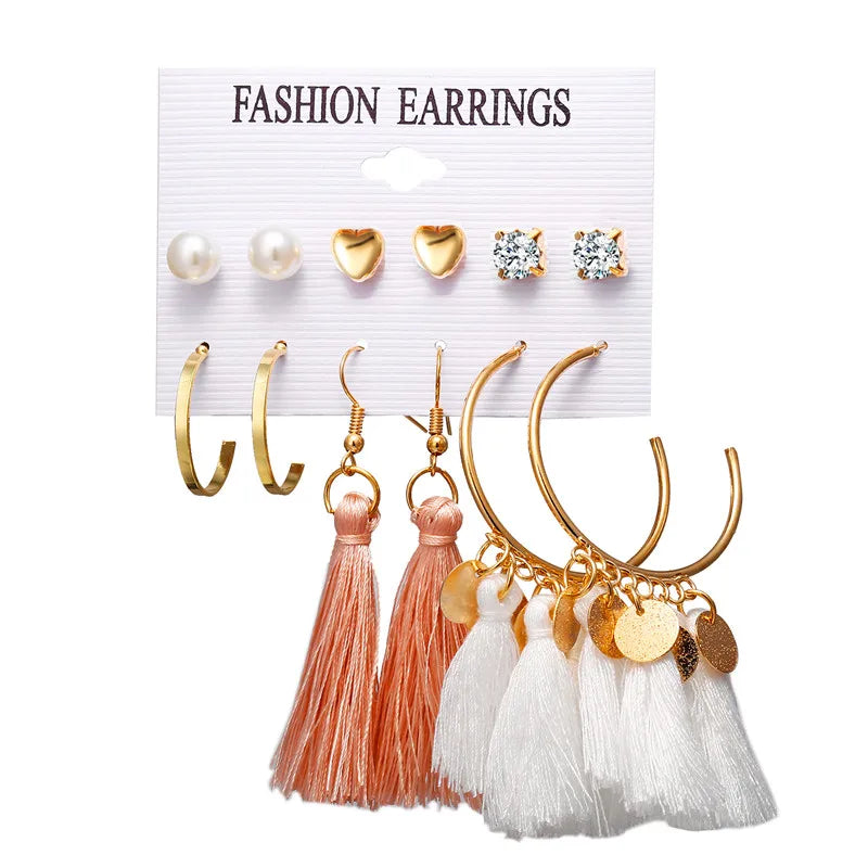 17KM 30 Boho Tassel Earrings Bohemian Long Earrings Set for Women Brincos Geometric Fabric Drop Earring Female Fashion Jewelry