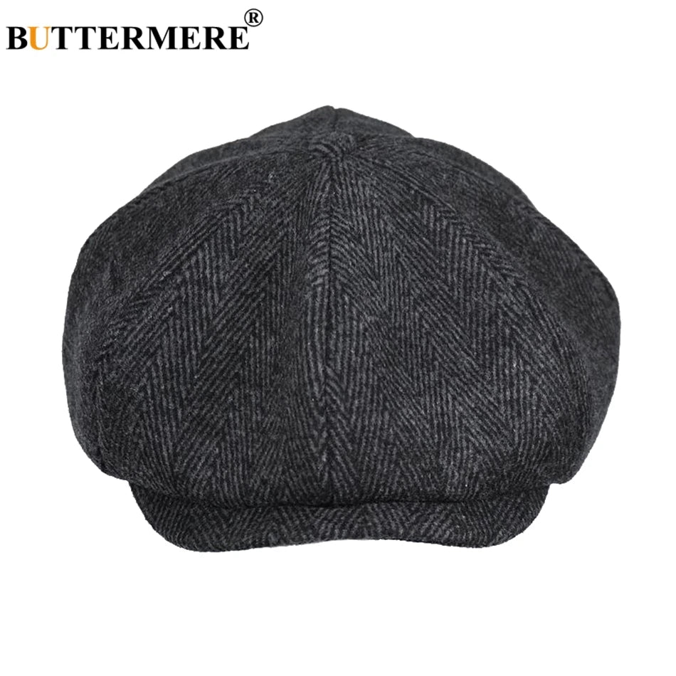 BUTTERMERE Newsboys Beret Herringbone Men Flat Caps Wool Casual Winter Tweed Female England Style Classic Octagonal Hats and Cap